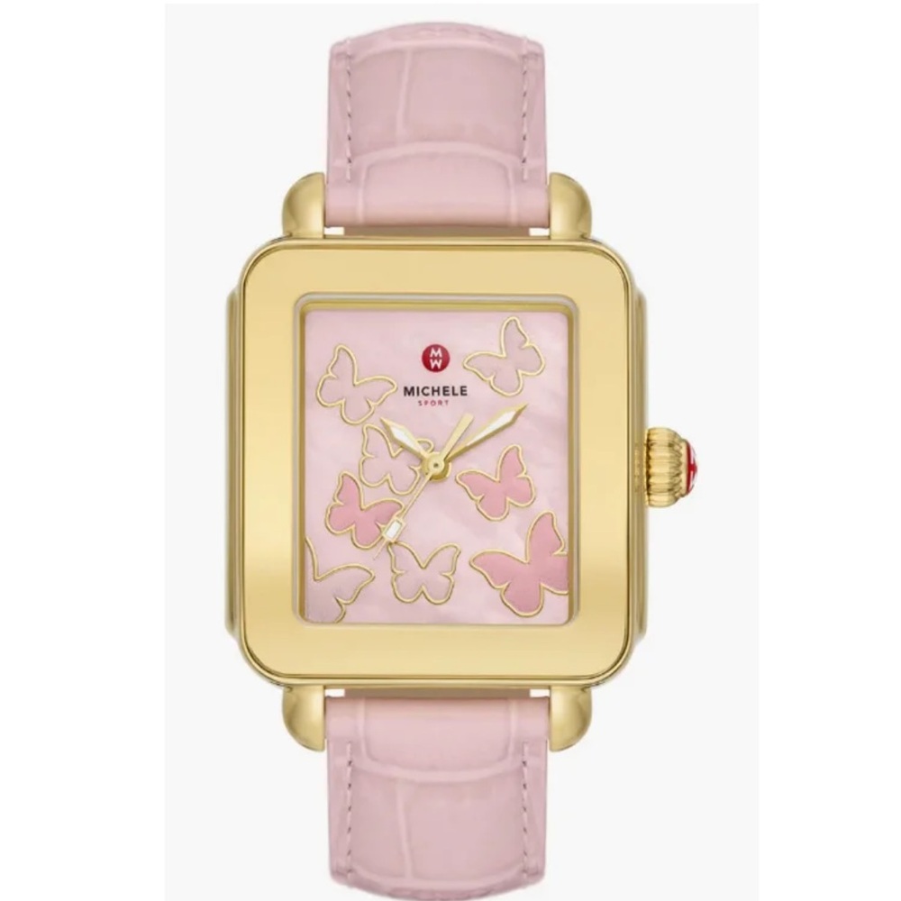 MICHELE Deco Sport Womens Gold Watch, Pink Butterfly MOP Dial, Leather Strap
